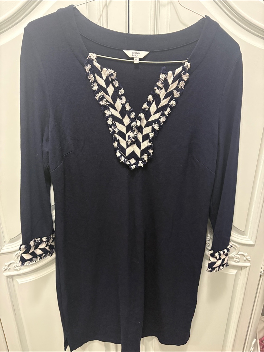 crown & ivy navy tunic with white braided V-detail - medium